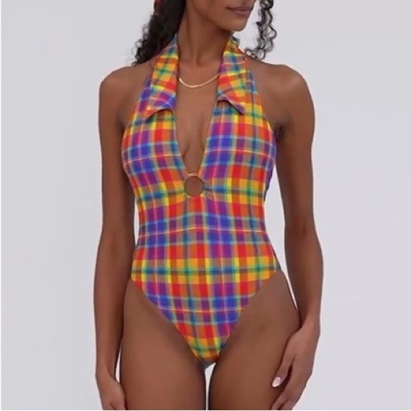 WeWoreWhat Collar Racerback One Piece Swimsuit Size XS NWT Rainbow